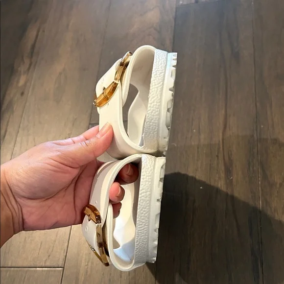 Birkenstock White Sandals with Gold Buckle - Picture 9 of 12